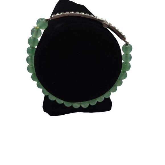 Aventurine Glass Green Beaded Silver Tone Cross Bracelet Rhinestone Sparkle - Picture 7 of 11